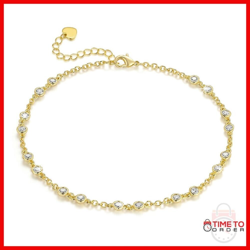 14K Gold Plated Anklet with Cubic Zirconia Stones, Lobster Clasp